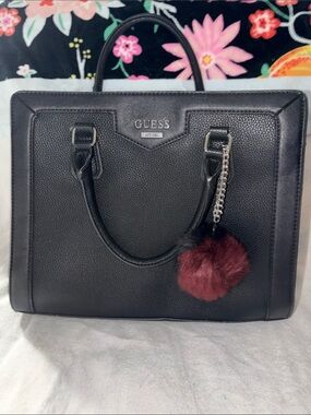 GUESS Black Satchel with Burgundy Pom Charm